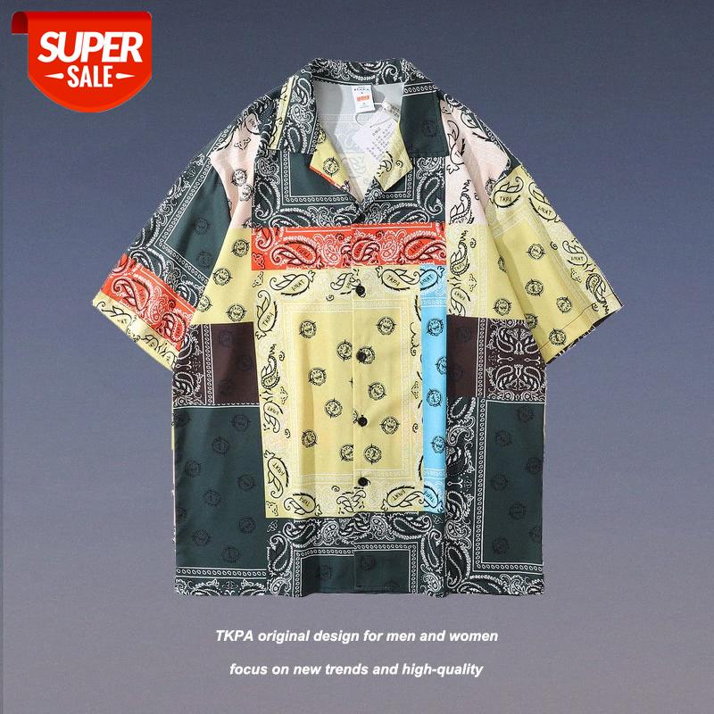 

TKPAvintage retro bar collar cashew print shirt men and women flow couple short-sleeved lazy beach #F14a, White;black