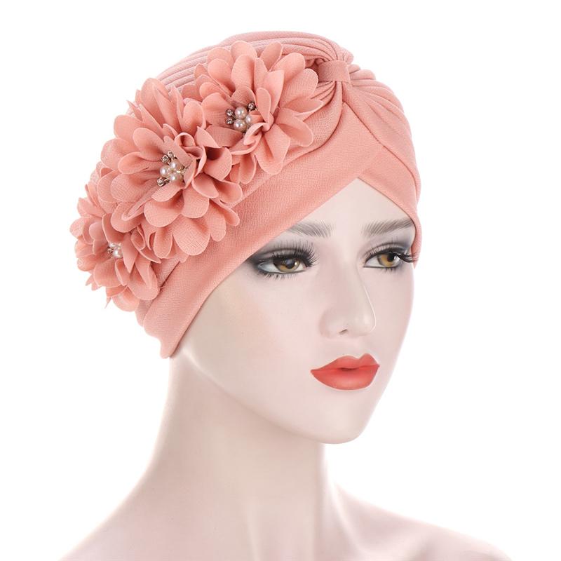 

Ethnic Clothing Big Flower Muslim Hat Solid Color Elastic Cap Fashion Baotou Cross Turban Jersey Hijabs Headband Hair Accessories