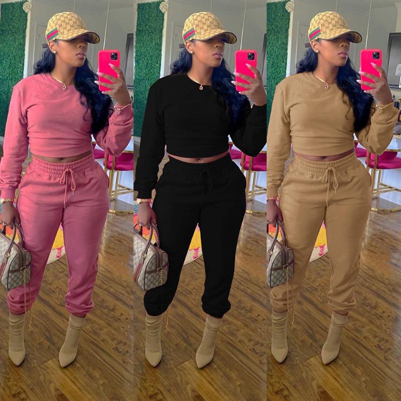 

Women' Two Piece Pants Casual Solid Sportswear Fitness Tracksuit Women Lounge Wear Long Sleeve Sweater Top + Drawstring Sweat Slim Set, Pink set