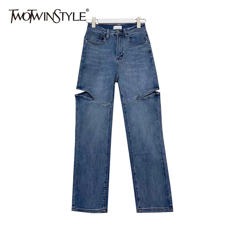 

Hollow Out Jeans For Women High Waist Straight Minimalist Casual Denim Trouser Female Fashion Clothing 210521, White