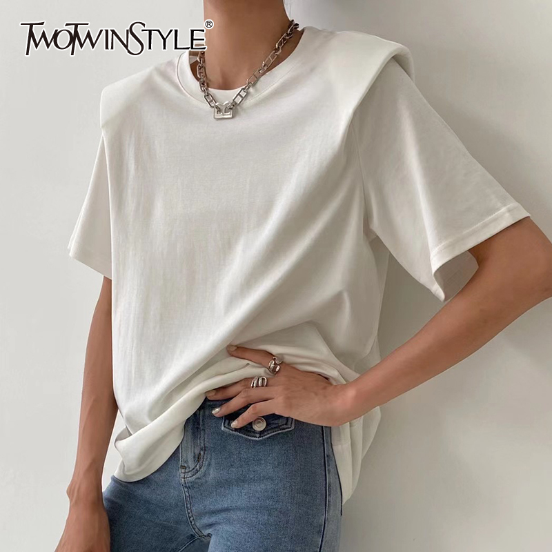 

TWOWINSYLE Loose Shoulder Pad Shirt For Women O Neck Short Sleeve Casual White Shirts Female Fashion Clothing Summer 210524