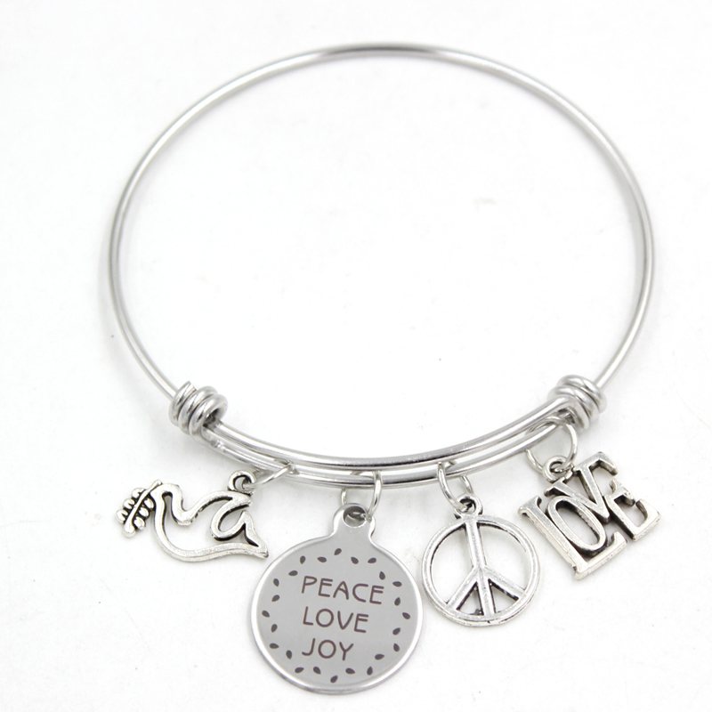 Bracelet en acier inoxydable, vente en gros, amour, joie, signe de paix, breloque colombe, bijoux en fil réglable, vente en gros