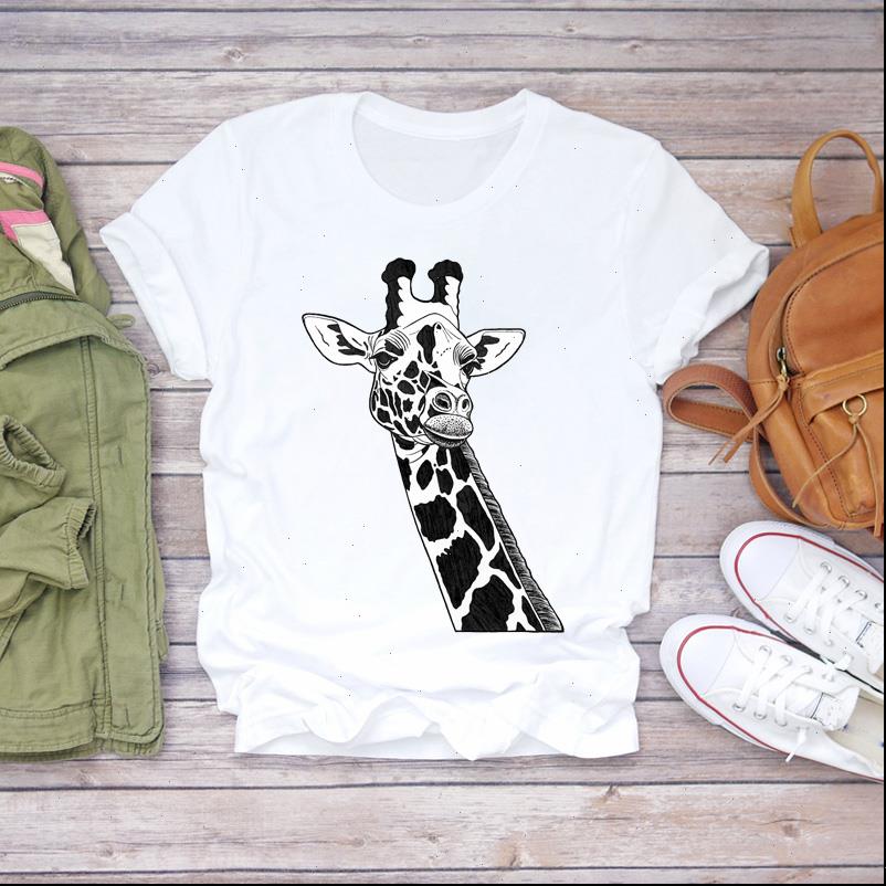 

cartoon giraffe short sleeve cute women fashion 90s print graphic tee, White