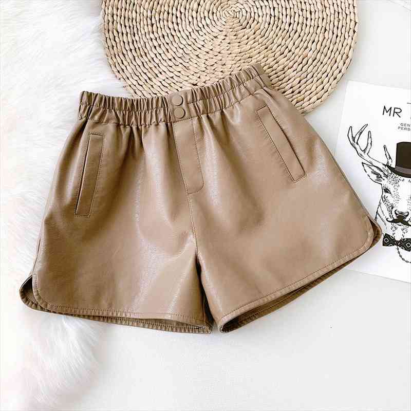

autumn winter women pu leather shorts elastic high waist wide leg shorts womens clothing loose pu leather short, White;black