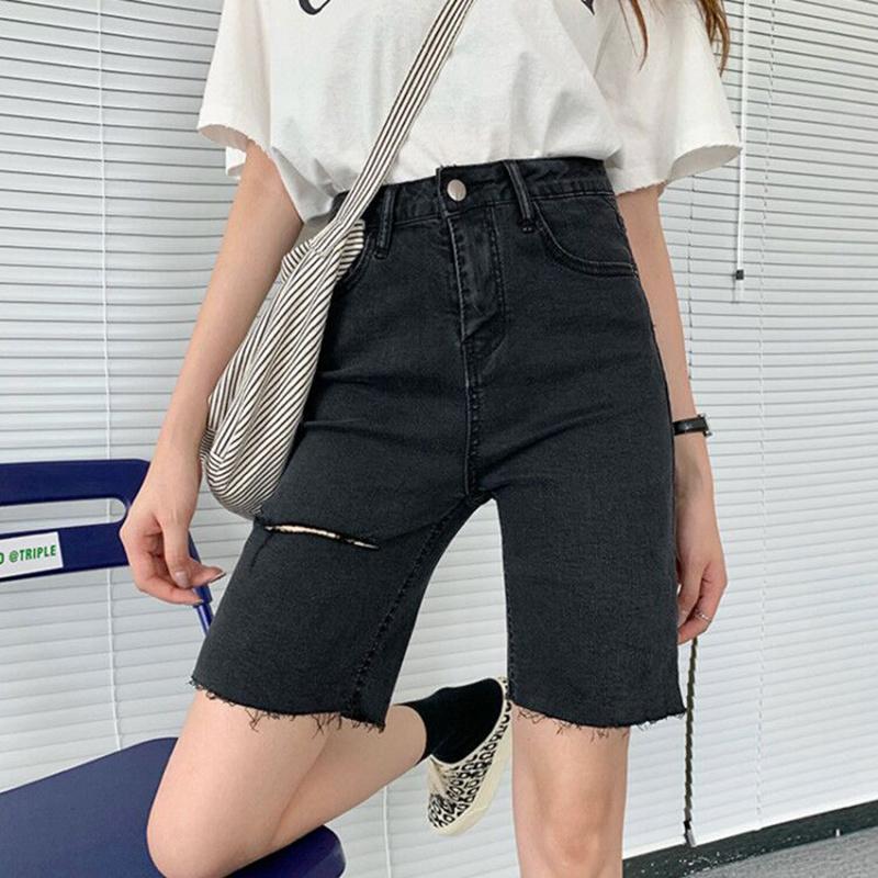 

Women' Shorts Black Hole Denim Pants Capris Summer 2021 Hong Kong Style Elastic Tight High Waist Straight