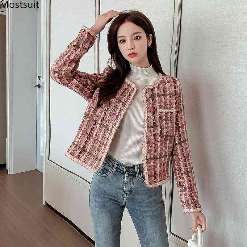 

Spring Autumn Women Vintage Elegant Tweed Coat Ladies Jacket Long Sleeve Single Breasted O-neck Short Tops Chaqueta Mujer 210518, Blue