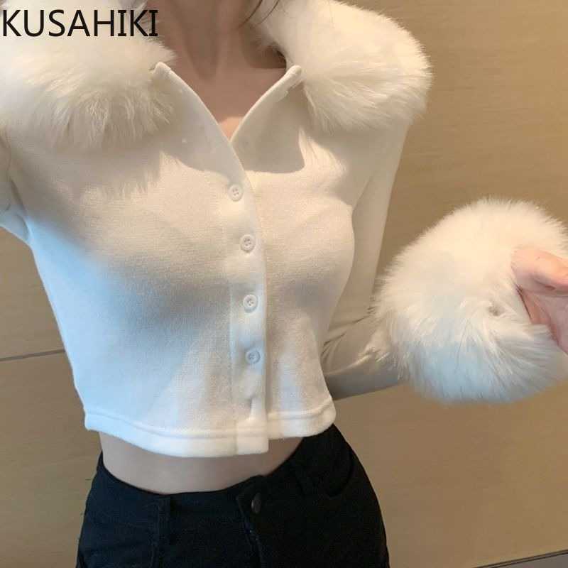 

KUSAHIKI Sexy Short Knitted Caridgan Korean Fur Decoration Long Sleeve O-neck Knitwear Spring Women Sweater 6E394 210602, White