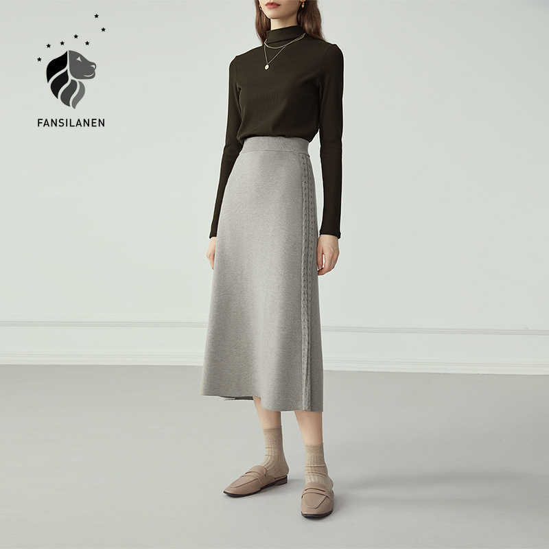 

FANSILANEN High waist long knitted a-line skirt Women side twist elegant winter black Vintage wool female office 210607