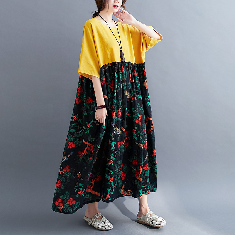 

Johnature Women Vintage Print Floral Dresses Cotton Blend Patchwork Color Clothes Autumn Female Casual Loose Dresses 210521, Yellow