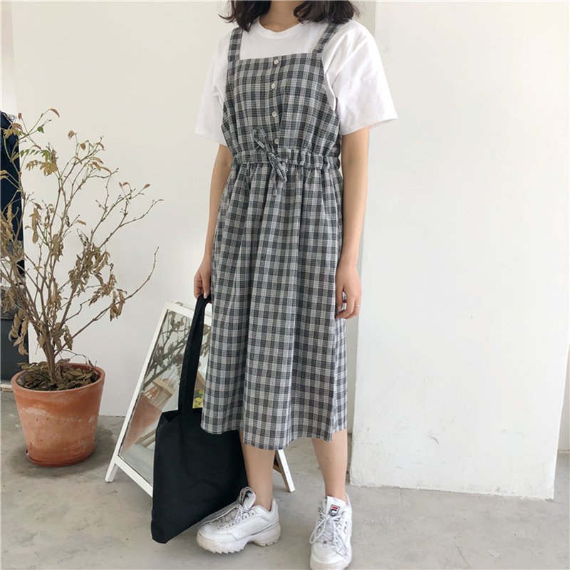 

20212021 summer spaghetti strap plaid dress high waist sleeveless long women dress casual loose kawaii dresses lolita sundress, Black;gray