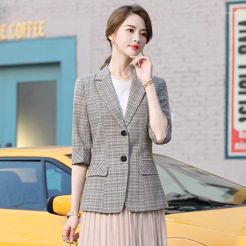 

Women' Clothing Half Sleeve Slim Bussiness Casual Formal Plaid Suit Coat Blazers Office Lady Elegant Plus Size Jacket Outerwear Suits, Beige