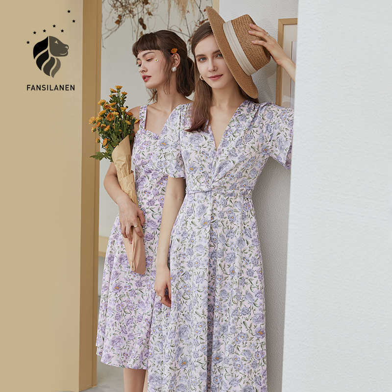 

FANSILANEN Twist purpel floral print long dress Women summer boho v neck sexy beach Bandage butterfly sleeve maxi 210607