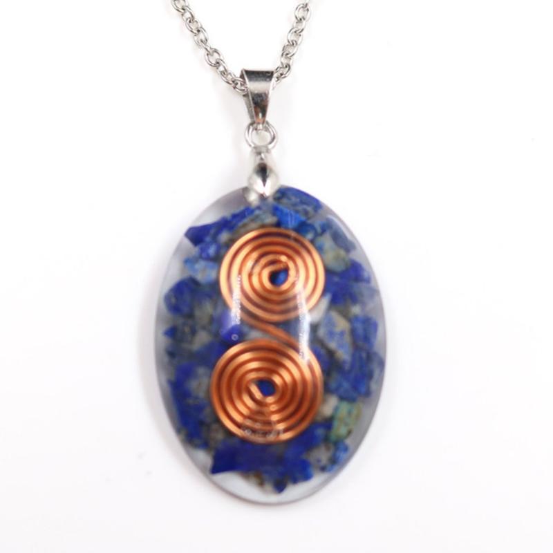 

Pendant Necklaces FYSL Copper Wire Wrap Oval Shape Lapis Lazuli Orgonite Necklace Fluorite Stone And Resin Jewelry