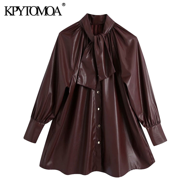 

KPYTOMOA Women 2021 Fashion With Bow Faux Leather Blouses Vintage High Neck Long Sleeve Female Shirts Blusas Chic Tops, As picture