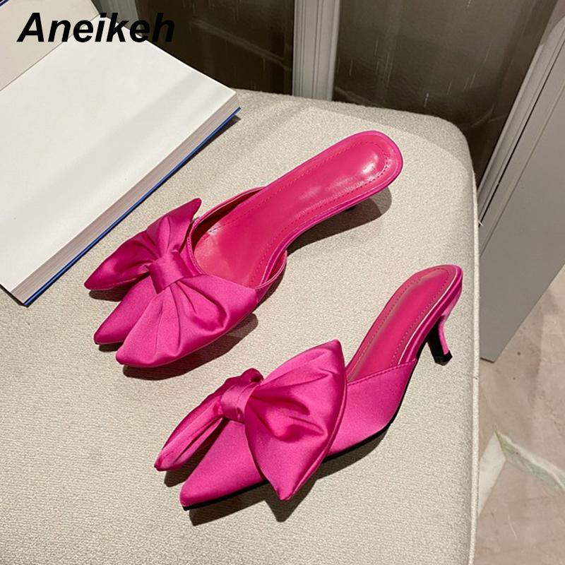 

Aneikeh Sweet Fashion Silk Butterfly-Knot Patchwork PU Shallow Slip-On Thin Heels Sandalias Mujer Women's Shoes 2021 Summer Slippers, Black