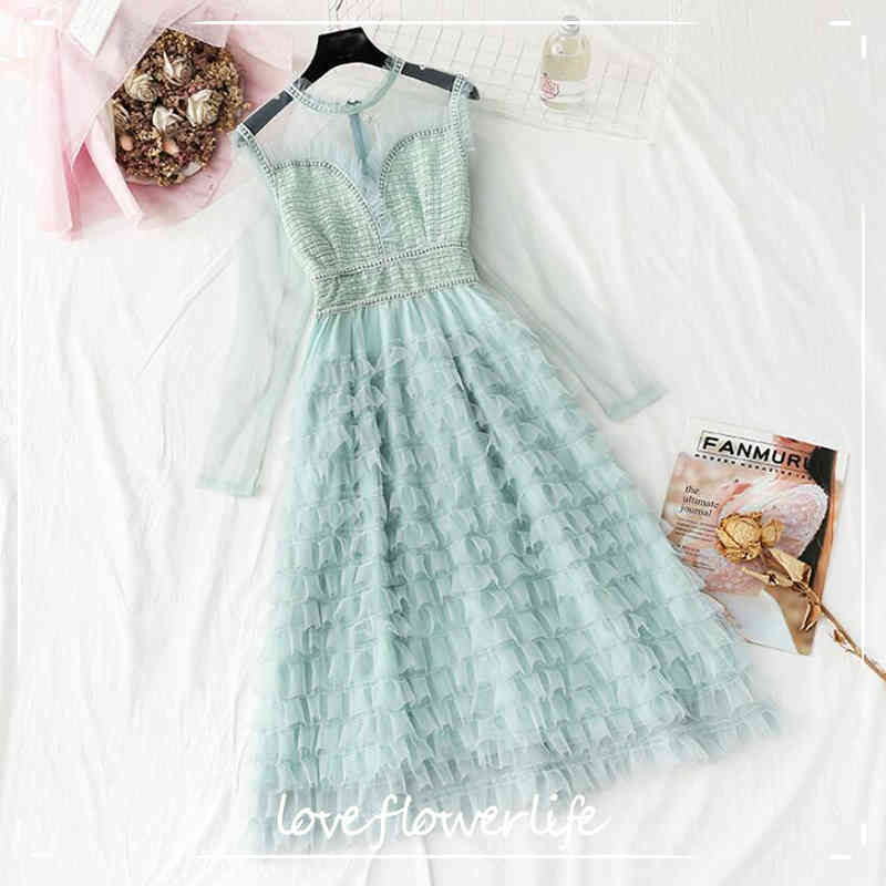 

Women Summer Sweet Mesh Dresses Layered Cake Fairy Princess Long Dress Ruffles Long Sleeve Party Dress Vestidos 210521, Light green