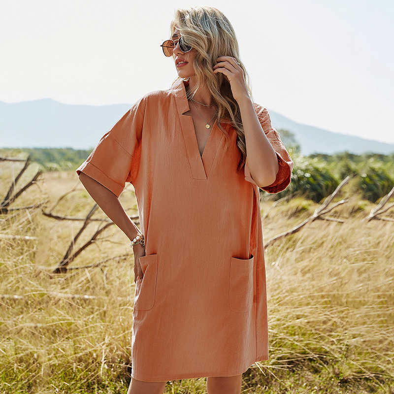 

Solid Color Pocket V Neck Short Sleeve Mini Dress Women Casual Streetwear Personality Loose Waist Short Dresses 210608, Orange