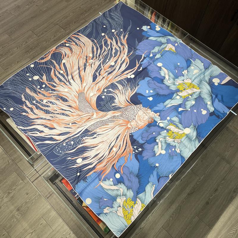 

Scarves 110cm Big Fish Begonia 100% Twill Silk Scarf Hand Rolled Edges Brand Design Square Shawl Women Hijab Bandana Kerchief