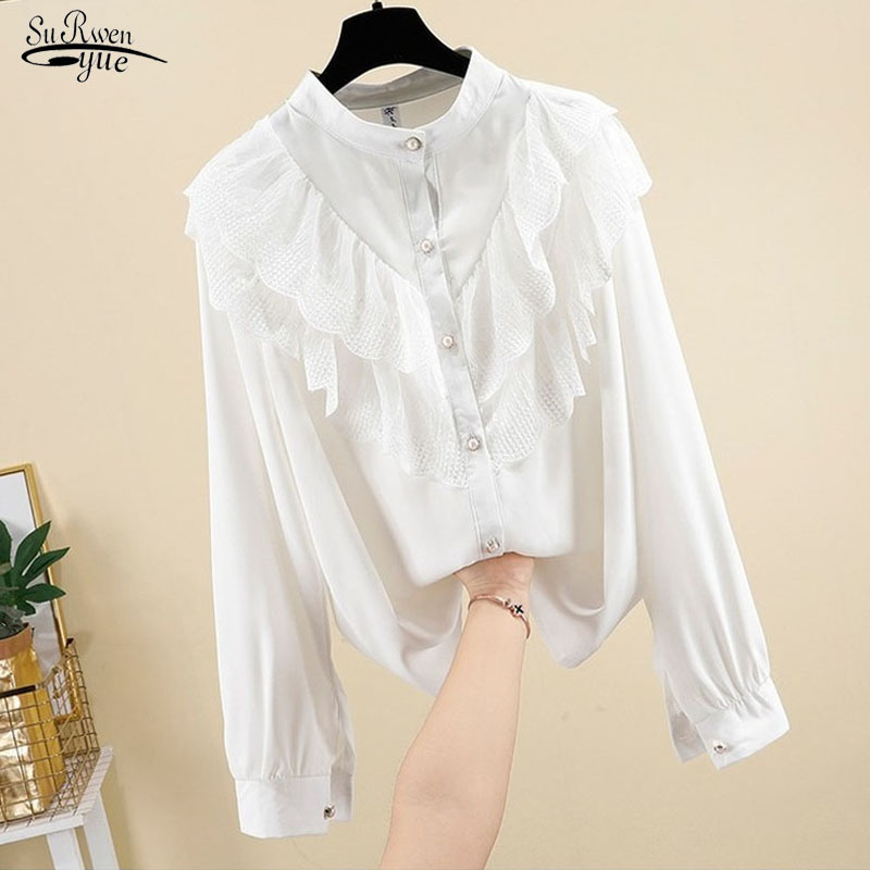 

Blusas Women Tops and Blouses Lace Stitching Chiffon Blouse Button Solid Stand Collar Lady' Shirts 10467 210521, Apricot