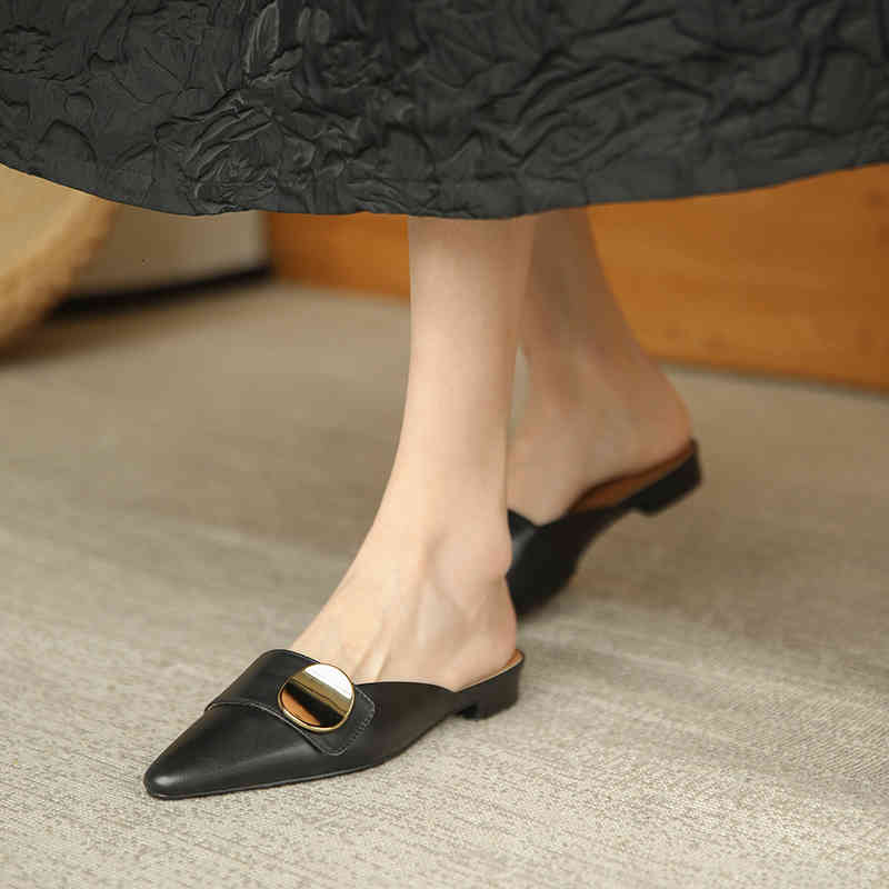 

Sandals crutches women's shoes genuine leather office lady summer sandals decorated metal slippers standard size 34- F6NM, 1# shoe box