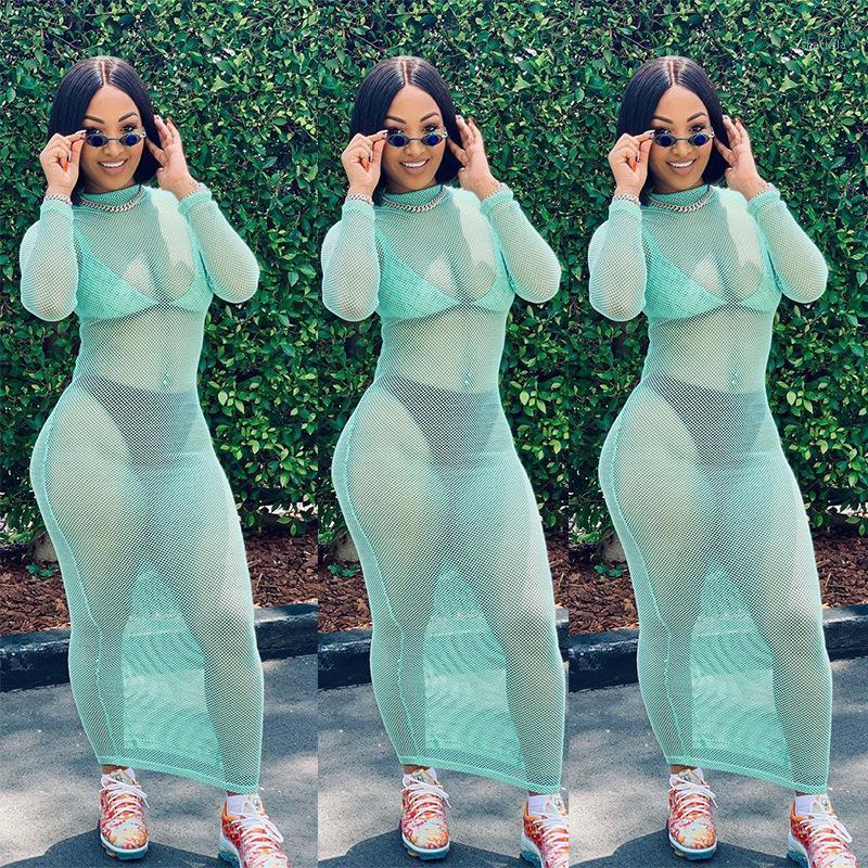 

Casual Dresses BKLD Women Bikini Cover Up Sexy Hollow Out Fishnet Mesh Sheer Long Sleeve Dress 2021 Fashion Summer Beach Bodycon, Green