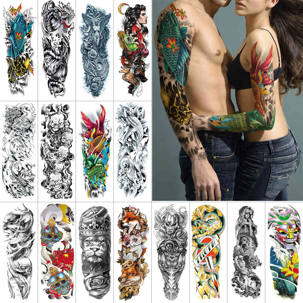 

2piec Full arm temporary sticker fish skull lion large size angel wing Waterproof fake tattoo for lovers Arm thigh