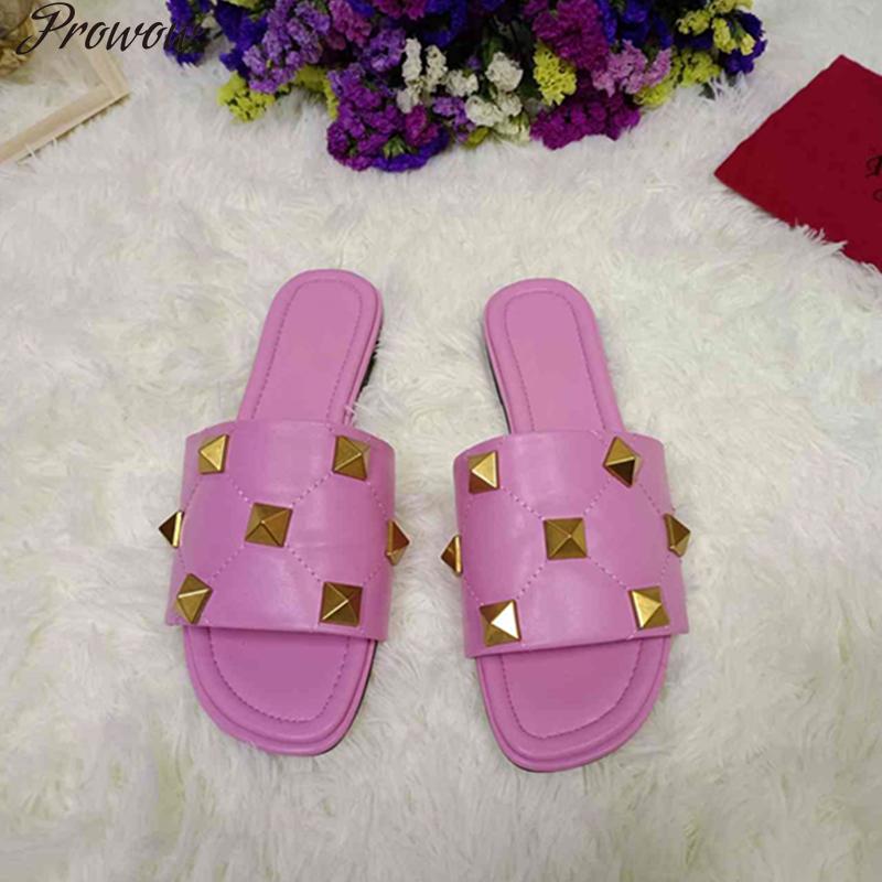 

Prowow Genuine Leather Women Slippers Luxury Rivets Sharp Mules Outdoor Casual Flat Shoes Ladies Comfortable Non-slip Mule, Black