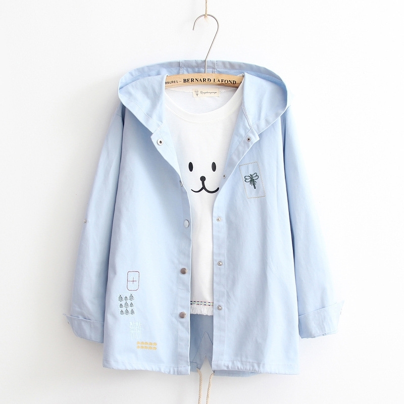 

Women Jacket Spring Autumn Casual Korean Harajuku Caots Ladies Embroidery Hooded Single Breasted Hat clothing 210602