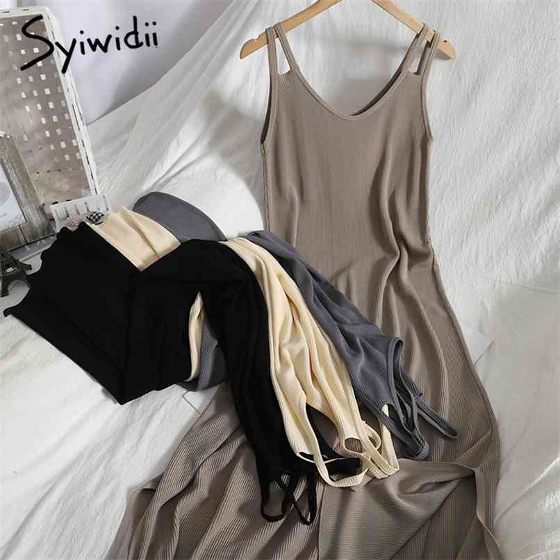 

Fashion Screw Thread High Waist Knitted Tank Tops Dresses Women Sleeveless A-line Solid Clothes Summer Korean 210607, Beige