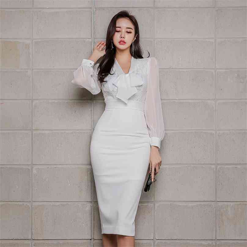 

White Bodycon Dress for women Summer korea Long Lace Sleeve bow neck Sundress Sexy Ladies Office Midi Dresses 210602