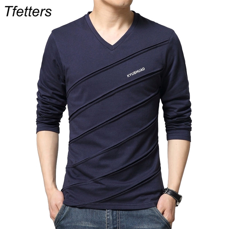 

TFETTERS Brand T Shirt Men Twill Design V-Collar Long Sleeve T-Shirt Plus Size T-shirt Slim Cotton Tops Tees Camisetas Male 210707, White