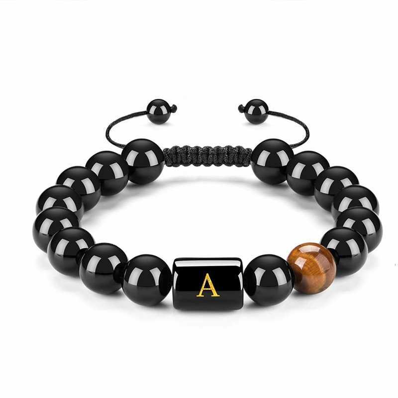 

A-z Natural Black Agate 26 Letters Natural Stone Bracelet Weaver's Adjustable Bead Bracelet, Golden;silver