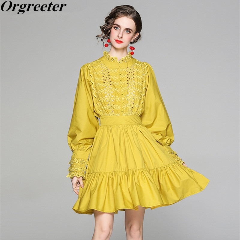 

Spring Fall Fashion Hollow Out Embroidery Mini Cotton Dress Women Batwing Sleeve Ruffled Collar Ruffles Trim Holiday 210525, White