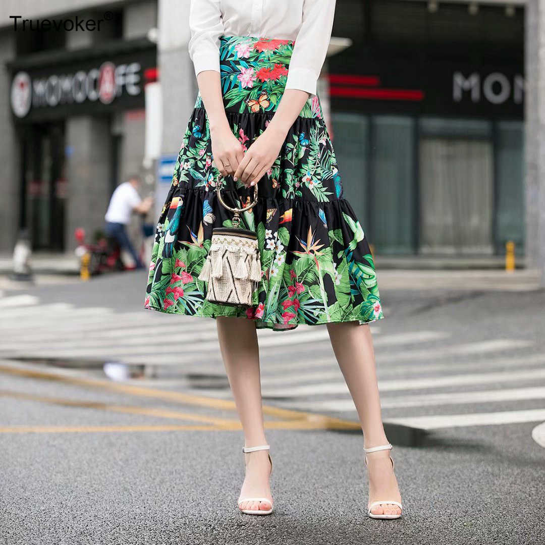 

Truevoker Runway Holiday Knee Length Skirt Women' Elegant Fancy Flower Printed Skirts 210602, Beige