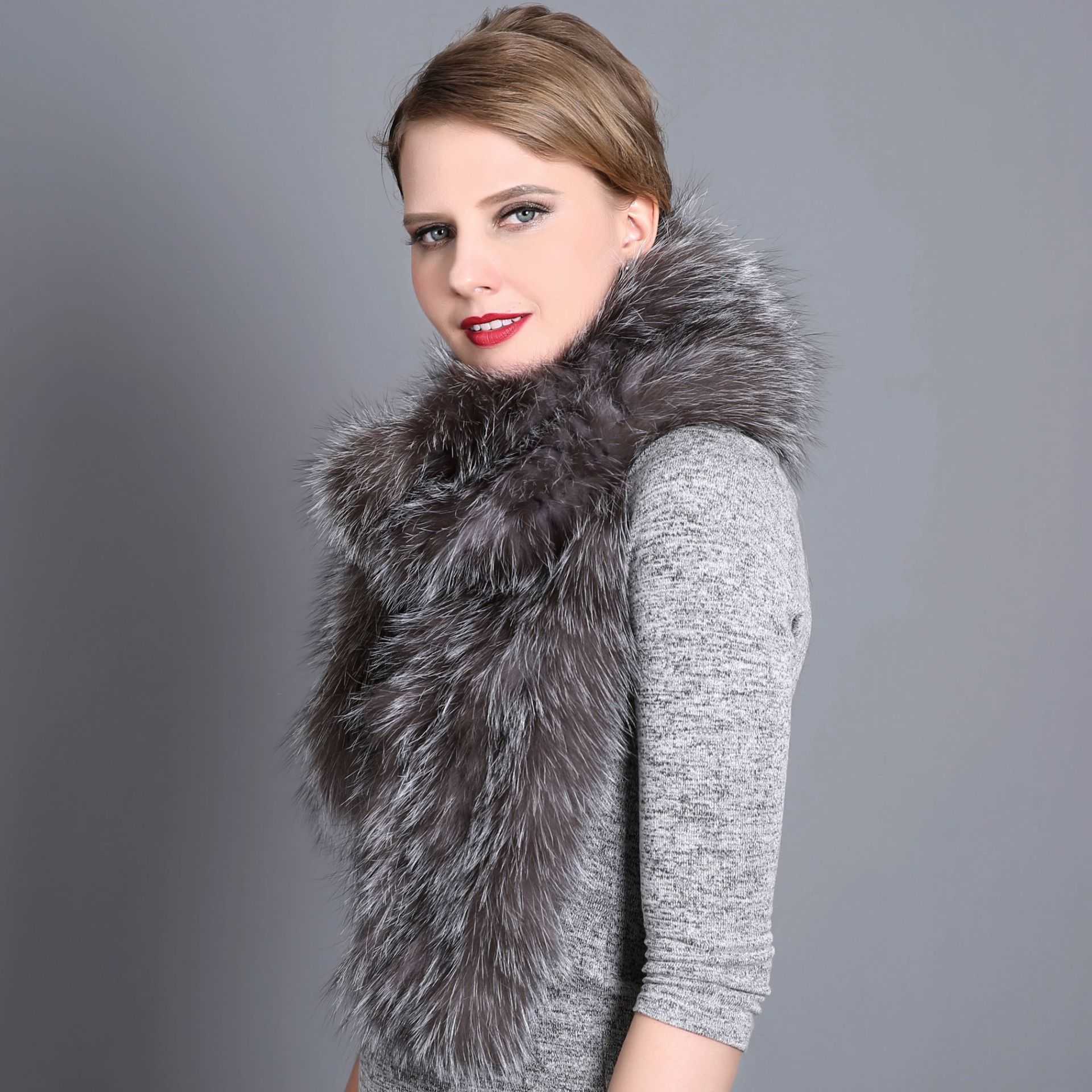 

Winter Versatile Warm Fur Bib Fox Hair Scarf Knitting Silver Fox Hair Real Hair Double Loop Bib