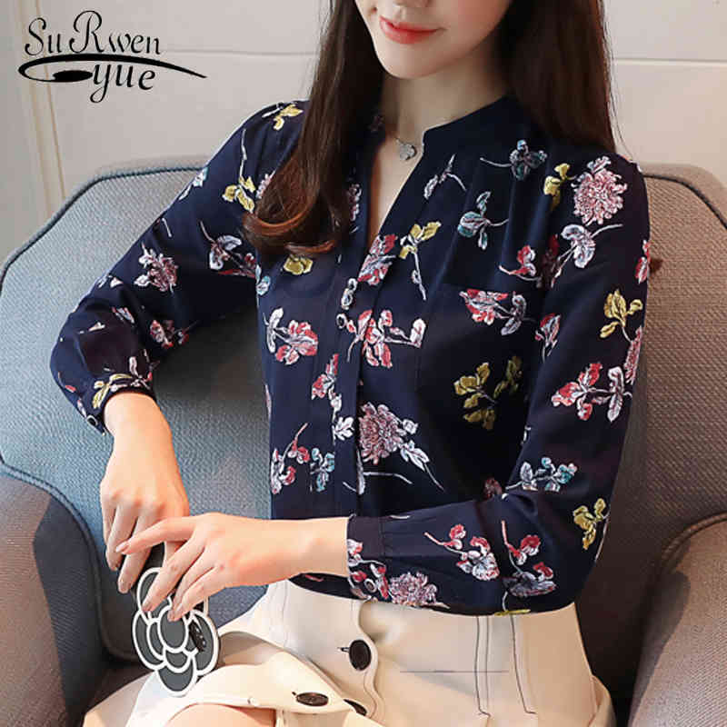 

long sleeve women blouse shirts button print female clothing v neck chiffon office lady tops shirt Z0001 40 210521, A3