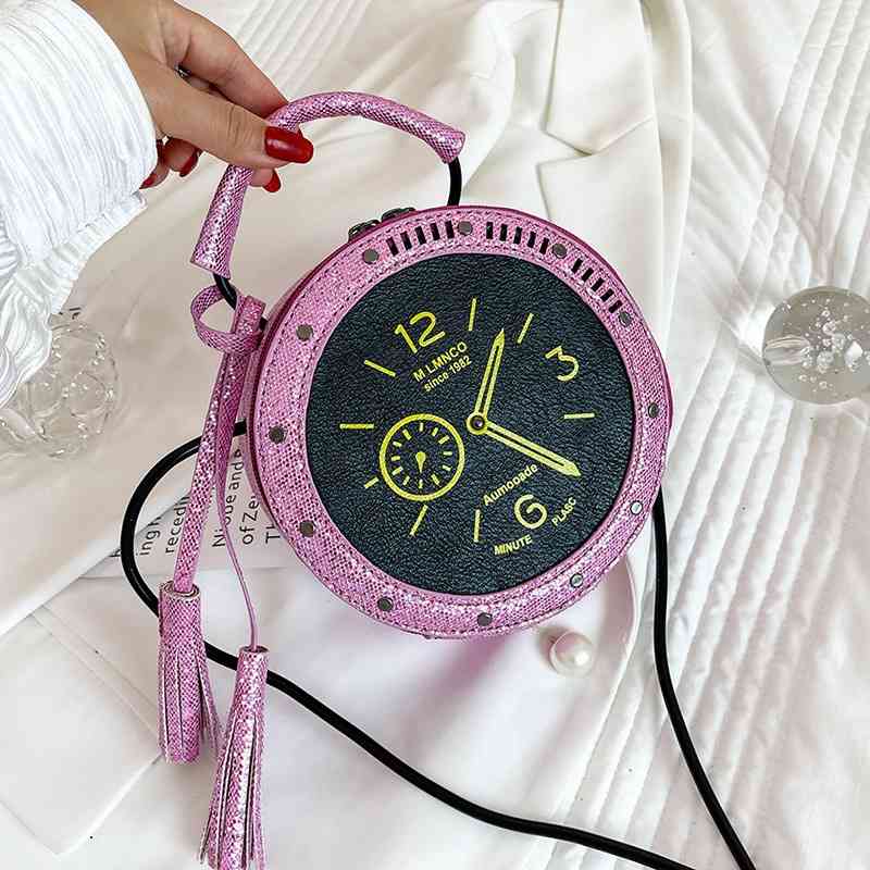 

Small female 2021 fashion personality funny tassel clock shape portable messenger single shoulder women's small round bag, Yellow