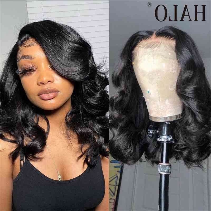 

Short Bob Closure HALO Wig Body Wave 13x4 Lace Front Human Hair Wigs for Black Women Brazilian Natural Pre Plucked Hairline Remy, 4x4 lace wig