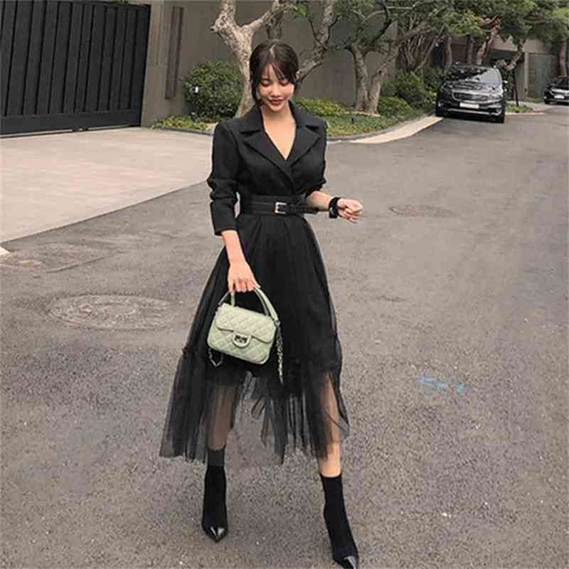 

HIGH QUALITY Sexy Patchwork Eegant Dress Women Spring Notched Neck Mesh Waist Dresses Long Swing Vestido Belt 210603, Picture color