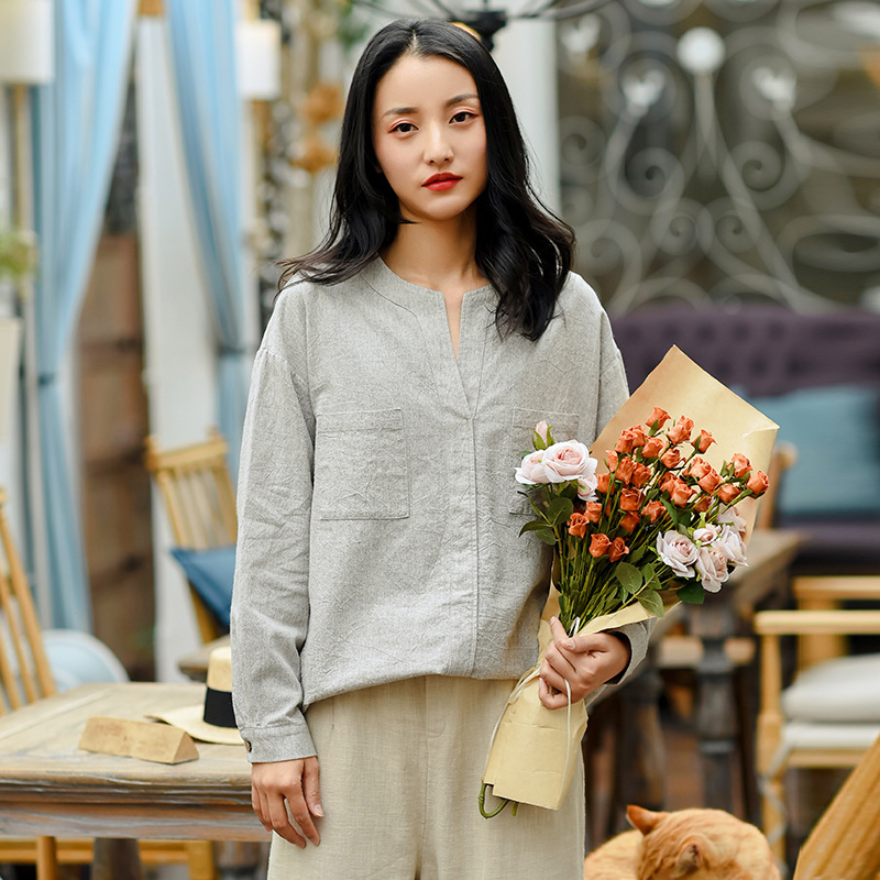 

Johnature Women Cotton Linen T-Shirts Solid Color Pockets V-Neck Long Sleeve Irregular Length Spring Casual Soft T-Shirts 210521, Sky blue