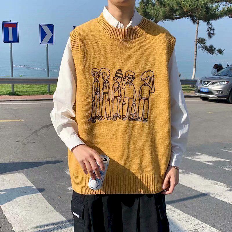 

Men's Vests Men Cartoon Harajuku Sweater Vest 2021 Winter Mens Japanese Streetwear Knitted Sweaters Male Loose Vintage Gothic, Sky blue