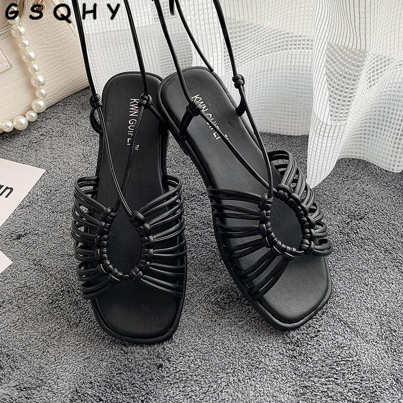 

Dress Shoes 2021 Brand Square Toe Narrow Band Lace-Up Sandals Summer Fashion Ankle Strap Low Heels Women Elegant, Black