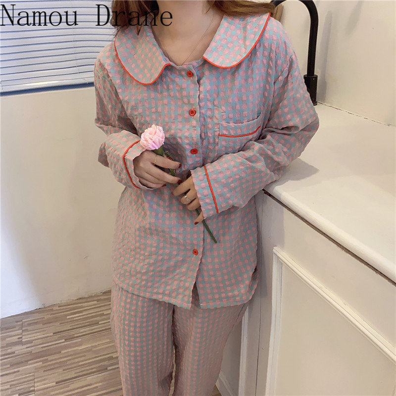 

Autumn Sale Plaid Sleepwear Casual Pajamas Chic Thin Women Geometric Comfortable Loose Sets 210429, Beige
