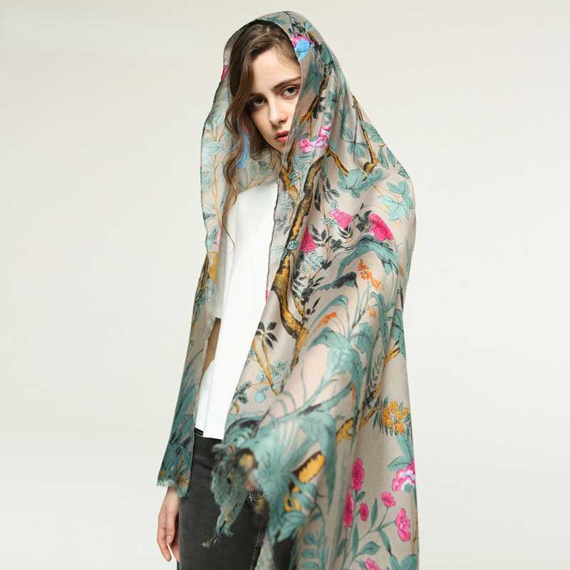 

Scarves Designer Scarf Branch Bird Pattern Satin Printed Fashion Decorative Women Winter Head Hood Snud Female Muslim Hijab, Blue;gray