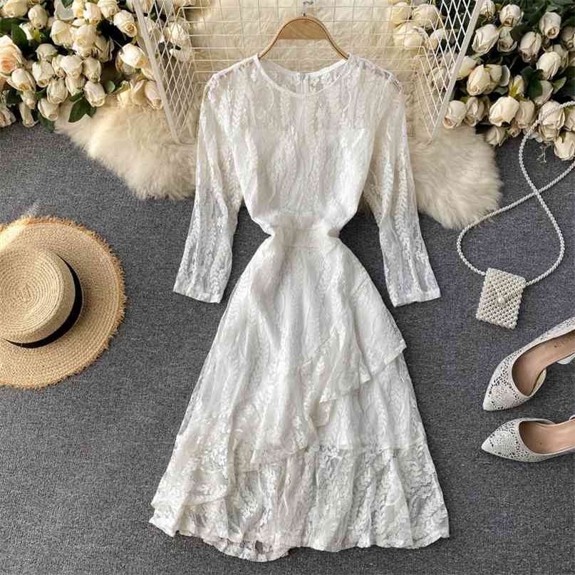 

Elegant hollow out lace dress women half sleeve summer short white black irregular ruffles casual party vestidos 210603