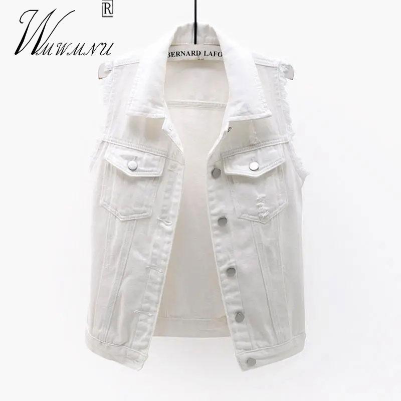 

Fashion Casual White Denim Jackets Korean Style All-Match Solid Color Sleevless Outerwear Summer Button Pocket Jean Vest Female Women's Vest