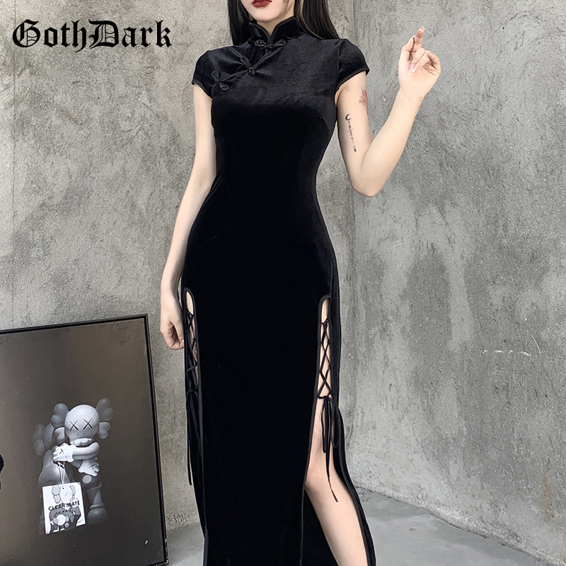 

2021goth dark romantic gothic velvet aesthetic dresses vintage women black bandage slithem bodycon dress evening wear cheongsam, Black;gray
