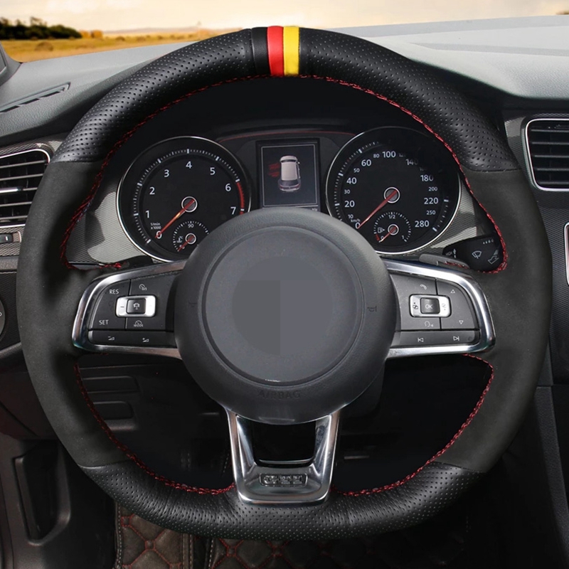

Hand-Stitched DIY Soft Black Genuine Leather Suede Car Steering Wheel Cover For Volkswagen VW Golf 7 GTI Golf R MK
