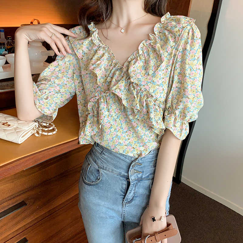 

Summer Korean Woman Top Version of Basic Print V-neck Short-sleeved Female Shirt Blouse Ruffles Chiffon OL Women Shirts Blouses 210604, Photo color