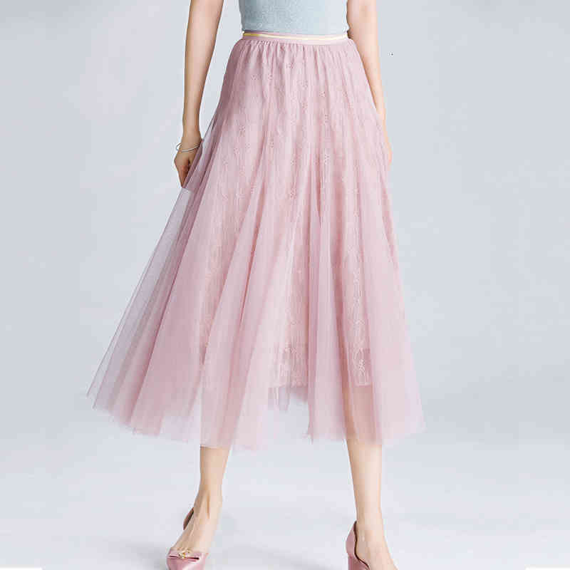 

Casual Dresses Floral Embroidered Lace A-line Long Mesh Skirt Summer High Waist Patchwork Flared Skirts AH3V, Black